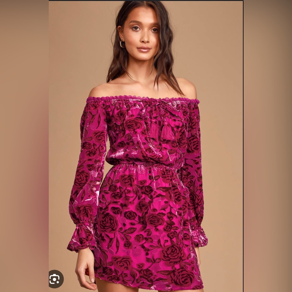 Lulu’s Off the shoulder pink velvet mini dress